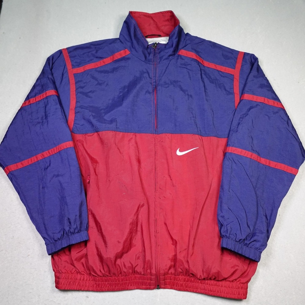 Vintage Nike Jacket Mens Medium Red Blue Windbreaker Full Zip Swoosh Retro 90s